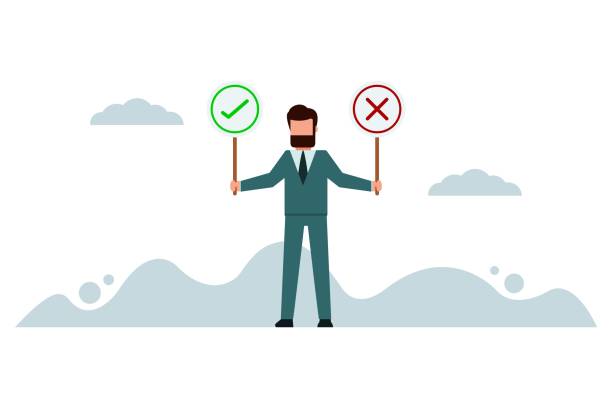 Businessmen who are confused about making business decisions, right or wrong, true or false. Moral choice concept, a prudent businessman is holding a right or wrong sign while making a decision.